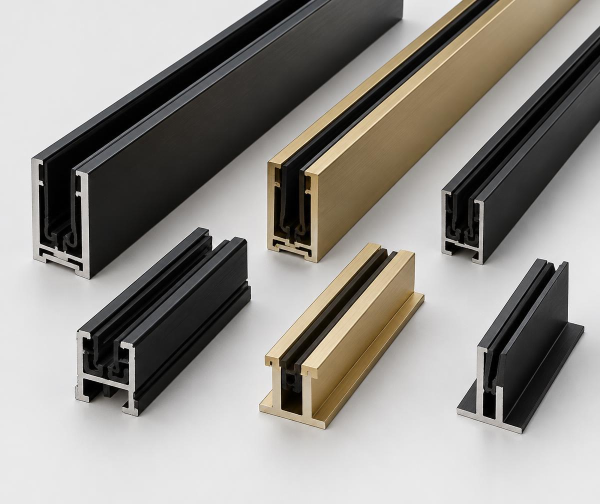 Black and gold aluminium channels and glass profile systems
