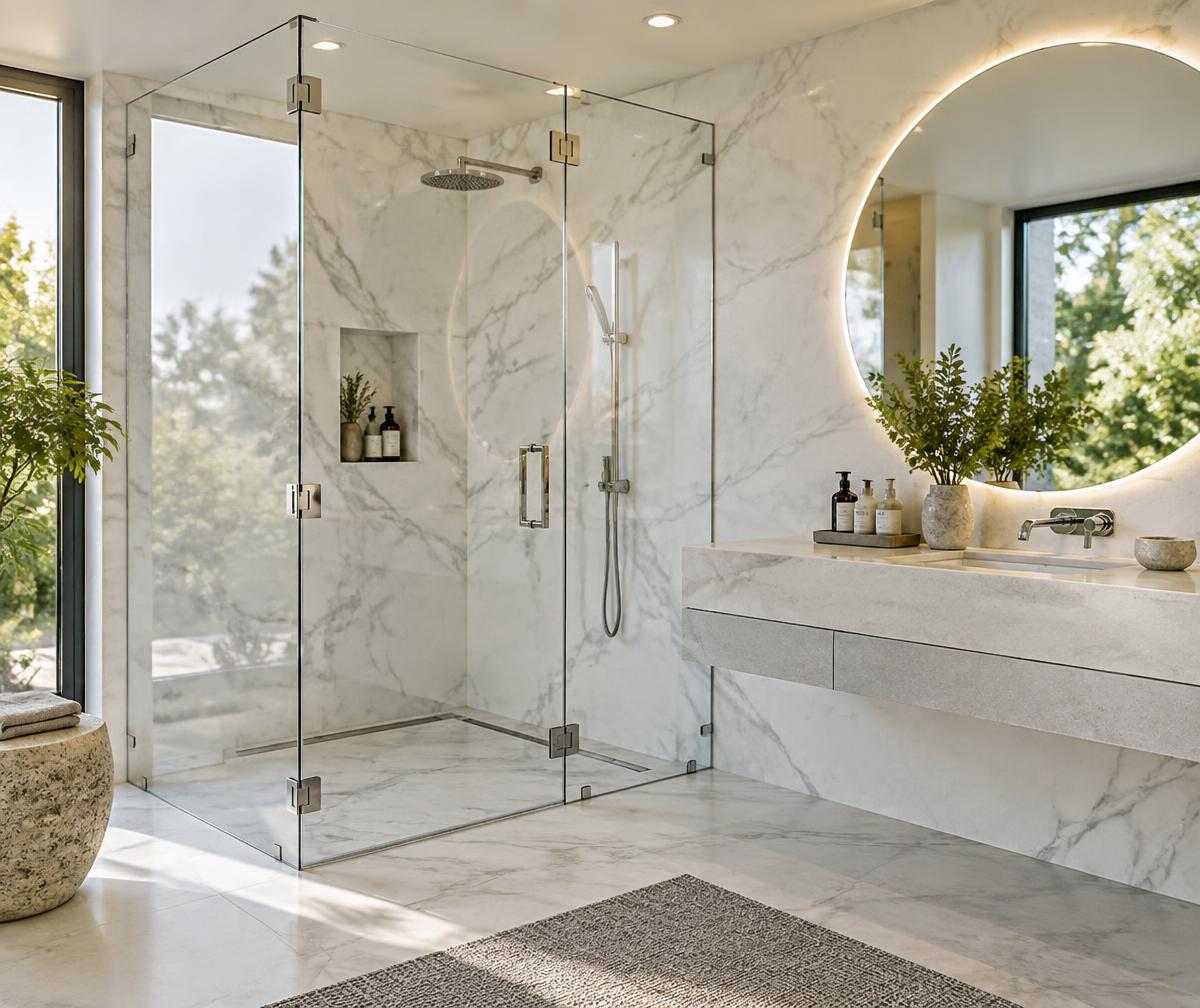 Illustrative frameless shower enclosure and illuminated mirror